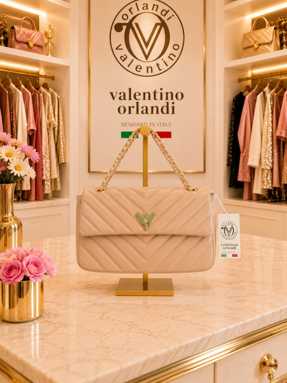 Valentino Orlandi Tan Quilted Chain-Handle Shoulder Bag
